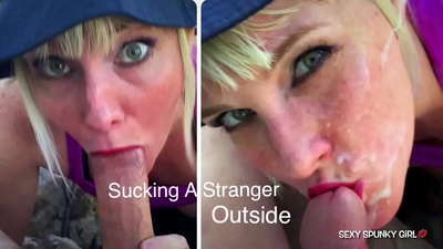Stiekeme vrouw betrapt een vreemdeling masturberend in het park, zuigt dan zijn lul: cum op haar gezicht met cum op de straat